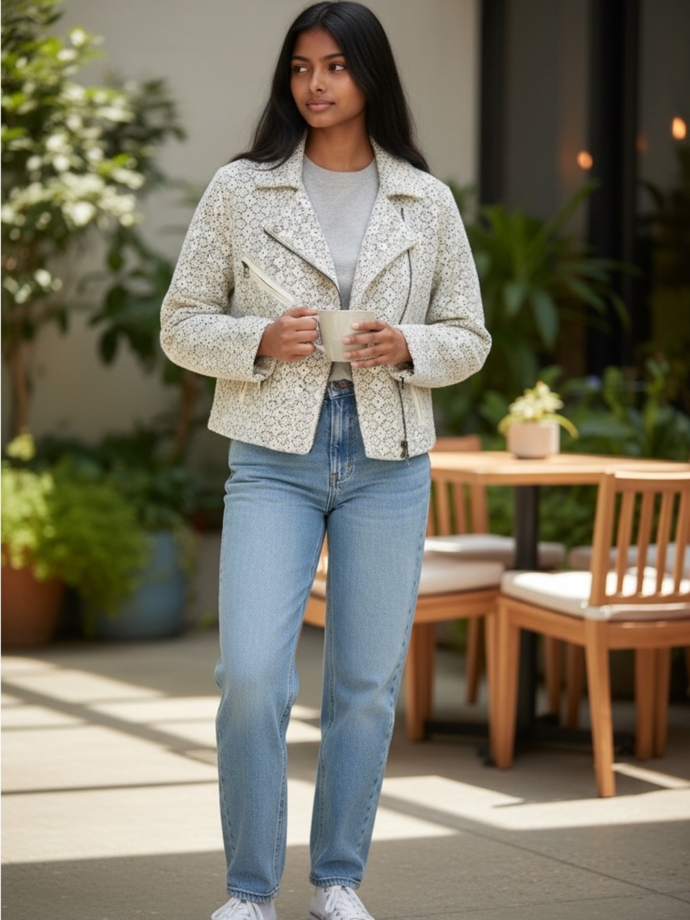 dolan Cream Textured Moto Jacket